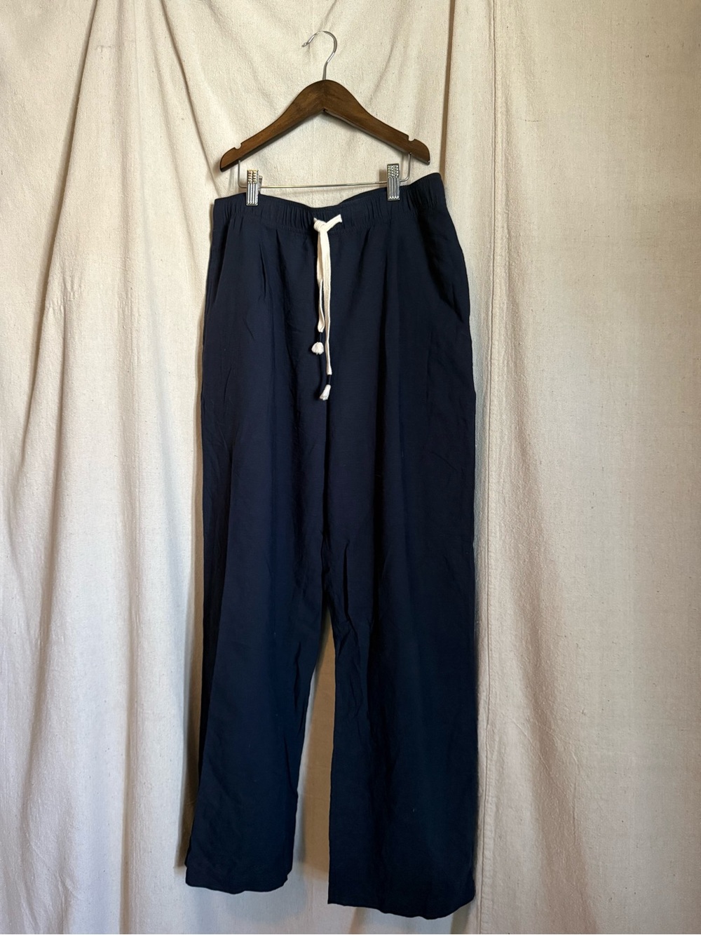 Dark Blue Rayon Linen Cotton Drawstring Casual Pants